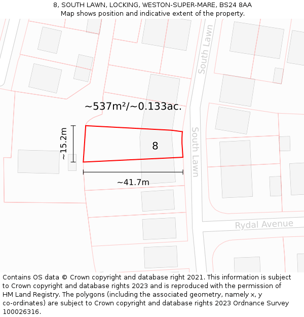 8, SOUTH LAWN, LOCKING, WESTON-SUPER-MARE, BS24 8AA: Plot and title map
