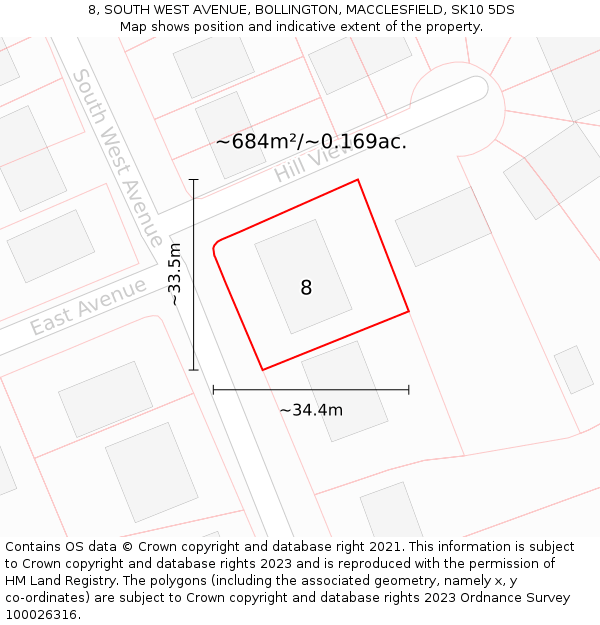 8, SOUTH WEST AVENUE, BOLLINGTON, MACCLESFIELD, SK10 5DS: Plot and title map