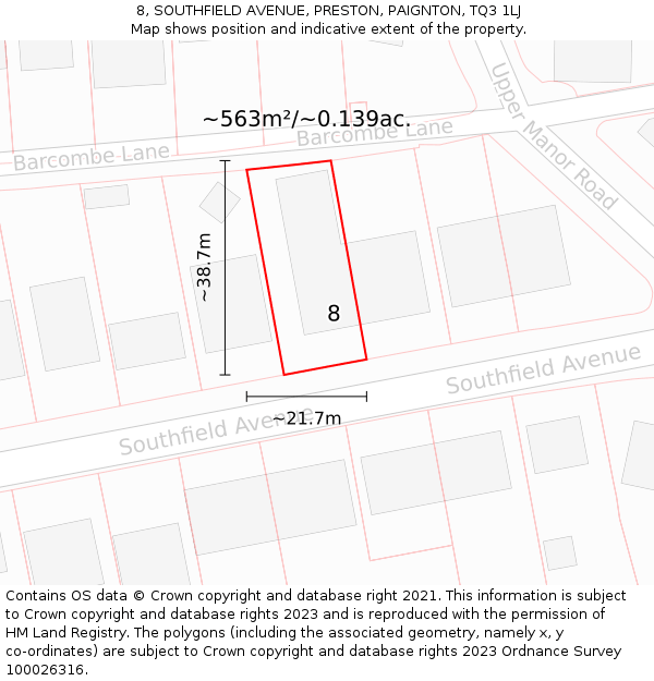 8, SOUTHFIELD AVENUE, PRESTON, PAIGNTON, TQ3 1LJ: Plot and title map