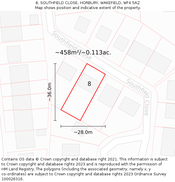 8, SOUTHFIELD CLOSE, HORBURY, WAKEFIELD, WF4 5AZ: Plot and title map