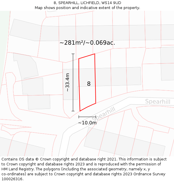 8, SPEARHILL, LICHFIELD, WS14 9UD: Plot and title map
