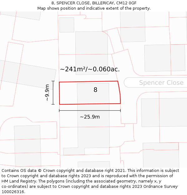 8, SPENCER CLOSE, BILLERICAY, CM12 0GF: Plot and title map