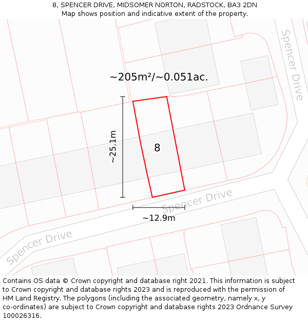 8, SPENCER DRIVE, MIDSOMER NORTON, RADSTOCK, BA3 2DN: Plot and title map