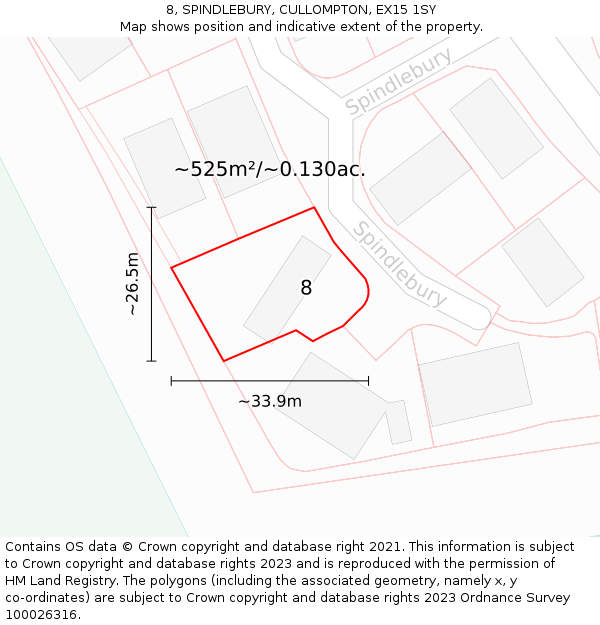 8, SPINDLEBURY, CULLOMPTON, EX15 1SY: Plot and title map