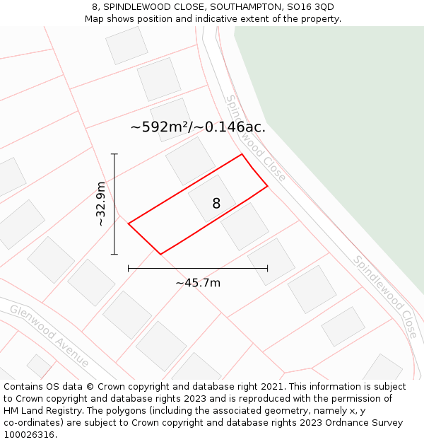 8, SPINDLEWOOD CLOSE, SOUTHAMPTON, SO16 3QD: Plot and title map