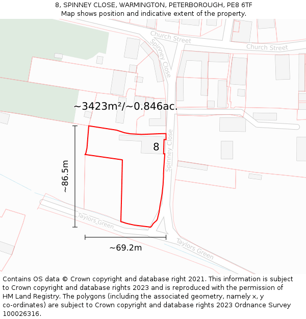 8, SPINNEY CLOSE, WARMINGTON, PETERBOROUGH, PE8 6TF: Plot and title map