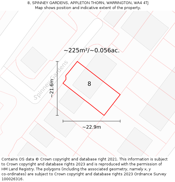 8, SPINNEY GARDENS, APPLETON THORN, WARRINGTON, WA4 4TJ: Plot and title map