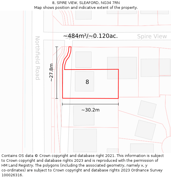 8, SPIRE VIEW, SLEAFORD, NG34 7RN: Plot and title map