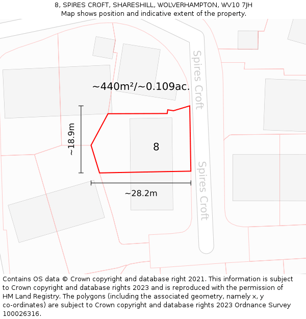 8, SPIRES CROFT, SHARESHILL, WOLVERHAMPTON, WV10 7JH: Plot and title map