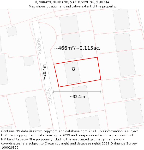 8, SPRAYS, BURBAGE, MARLBOROUGH, SN8 3TA: Plot and title map