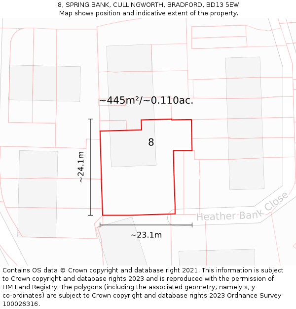 8, SPRING BANK, CULLINGWORTH, BRADFORD, BD13 5EW: Plot and title map