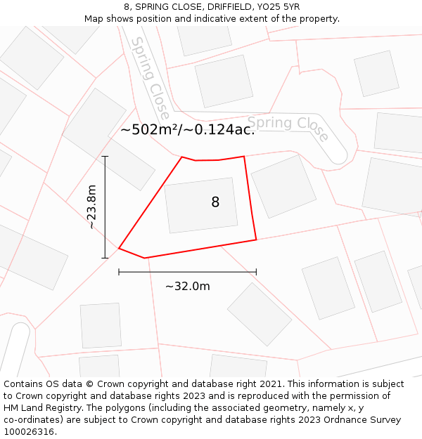 8, SPRING CLOSE, DRIFFIELD, YO25 5YR: Plot and title map