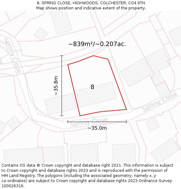 8, SPRING CLOSE, HIGHWOODS, COLCHESTER, CO4 9TN: Plot and title map