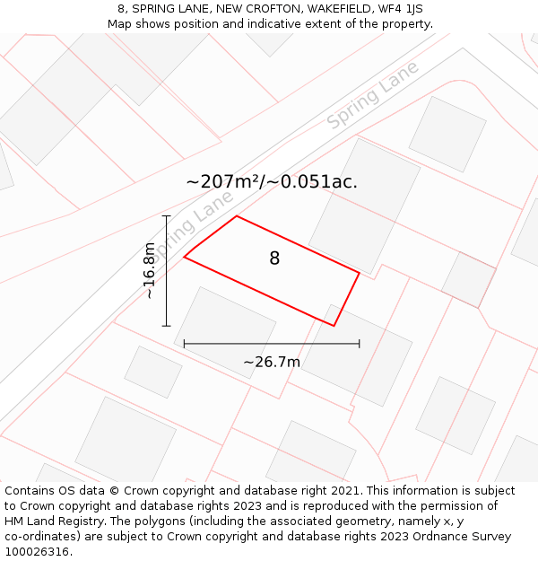 8, SPRING LANE, NEW CROFTON, WAKEFIELD, WF4 1JS: Plot and title map