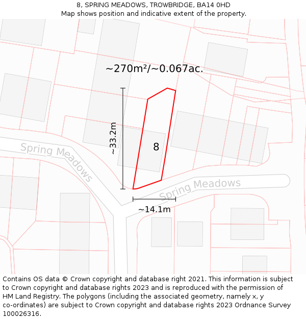 8, SPRING MEADOWS, TROWBRIDGE, BA14 0HD: Plot and title map