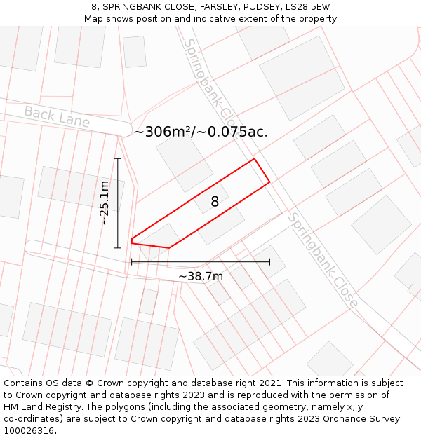 8, SPRINGBANK CLOSE, FARSLEY, PUDSEY, LS28 5EW: Plot and title map