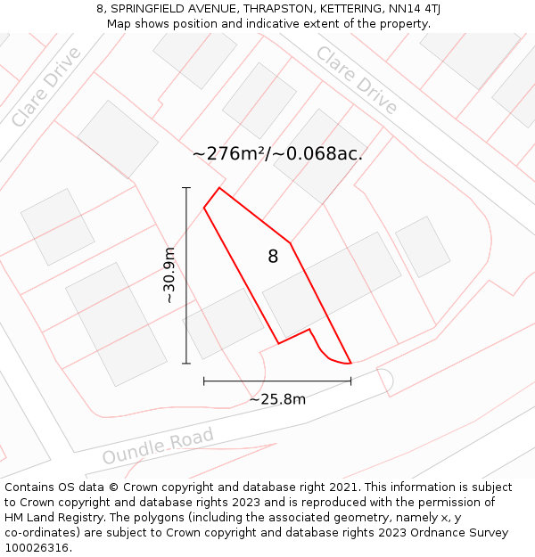 8, SPRINGFIELD AVENUE, THRAPSTON, KETTERING, NN14 4TJ: Plot and title map