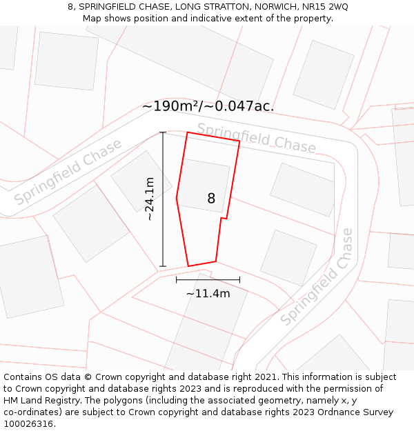 8, SPRINGFIELD CHASE, LONG STRATTON, NORWICH, NR15 2WQ: Plot and title map
