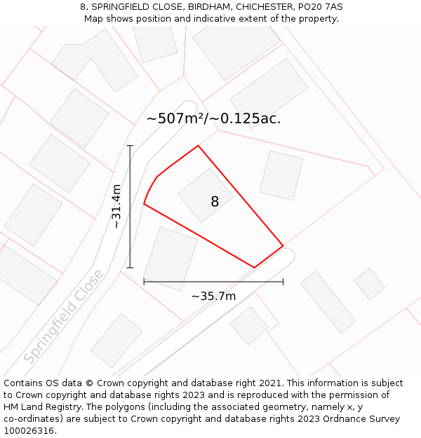 8, SPRINGFIELD CLOSE, BIRDHAM, CHICHESTER, PO20 7AS: Plot and title map