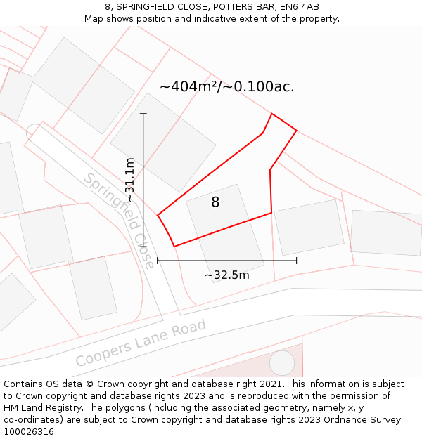 8, SPRINGFIELD CLOSE, POTTERS BAR, EN6 4AB: Plot and title map