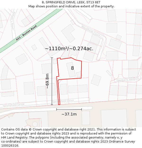 8, SPRINGFIELD DRIVE, LEEK, ST13 6ET: Plot and title map