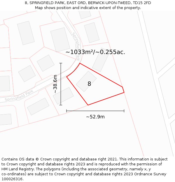 8, SPRINGFIELD PARK, EAST ORD, BERWICK-UPON-TWEED, TD15 2FD: Plot and title map