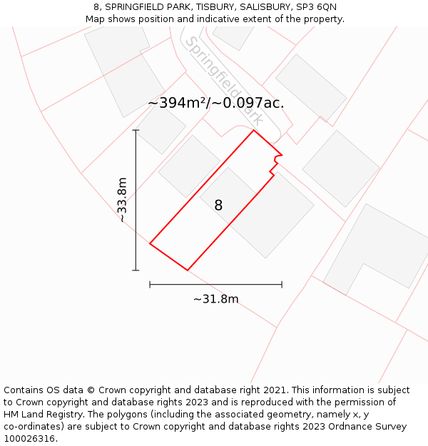 8, SPRINGFIELD PARK, TISBURY, SALISBURY, SP3 6QN: Plot and title map