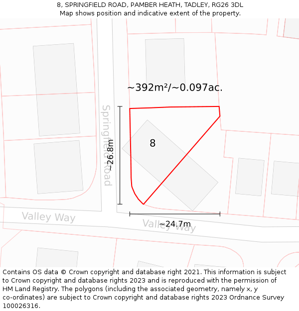 8, SPRINGFIELD ROAD, PAMBER HEATH, TADLEY, RG26 3DL: Plot and title map
