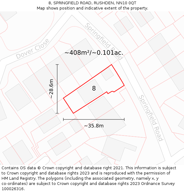 8, SPRINGFIELD ROAD, RUSHDEN, NN10 0QT: Plot and title map