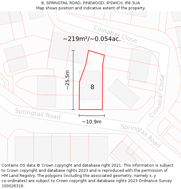 8, SPRINGTAIL ROAD, PINEWOOD, IPSWICH, IP8 3UA: Plot and title map