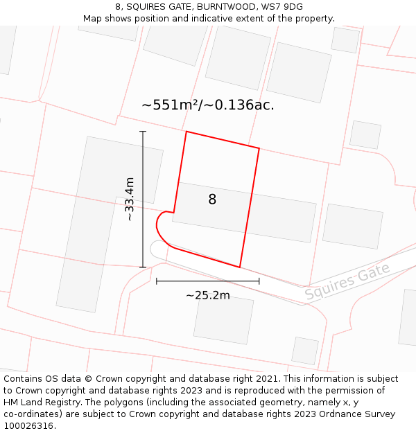 8, SQUIRES GATE, BURNTWOOD, WS7 9DG: Plot and title map