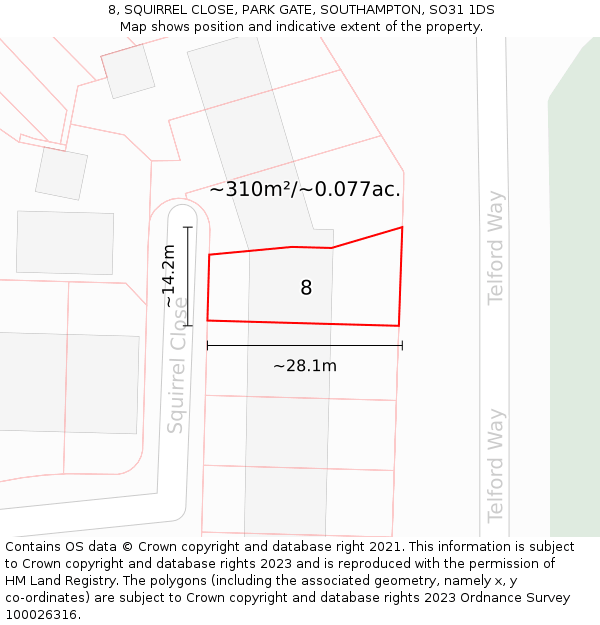8, SQUIRREL CLOSE, PARK GATE, SOUTHAMPTON, SO31 1DS: Plot and title map