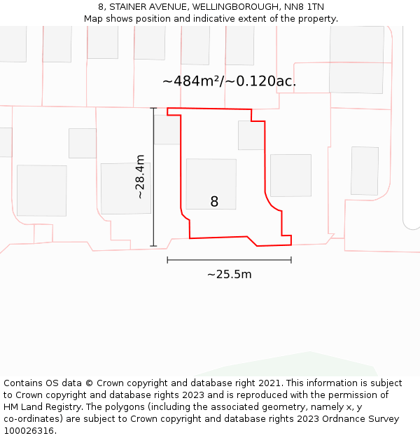 8, STAINER AVENUE, WELLINGBOROUGH, NN8 1TN: Plot and title map