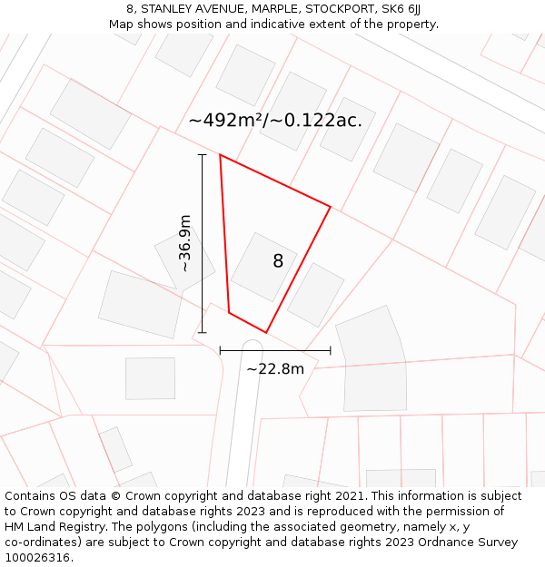 8, STANLEY AVENUE, MARPLE, STOCKPORT, SK6 6JJ: Plot and title map