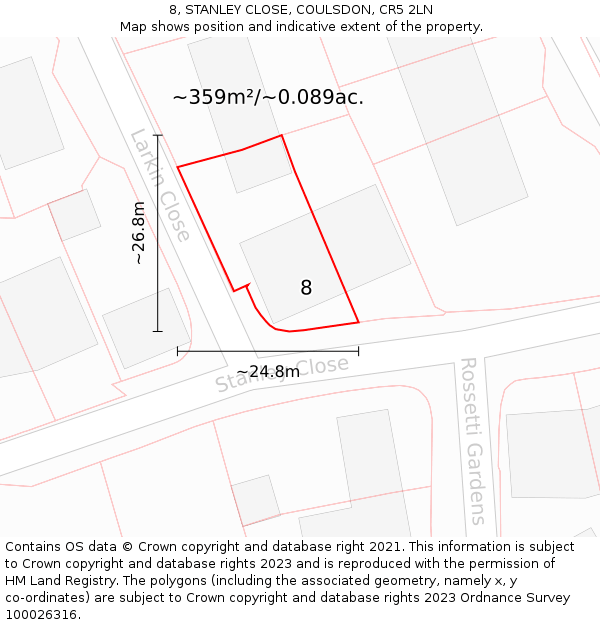 8, STANLEY CLOSE, COULSDON, CR5 2LN: Plot and title map