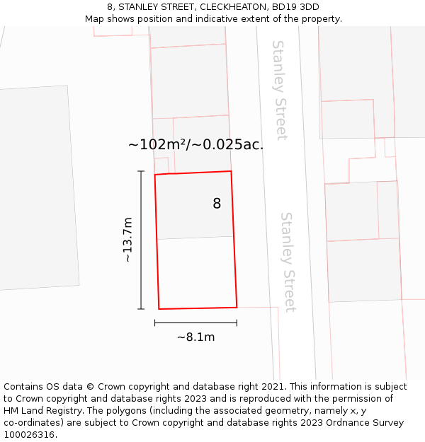 8, STANLEY STREET, CLECKHEATON, BD19 3DD: Plot and title map