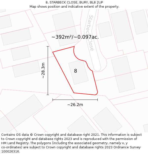 8, STARBECK CLOSE, BURY, BL8 2UP: Plot and title map