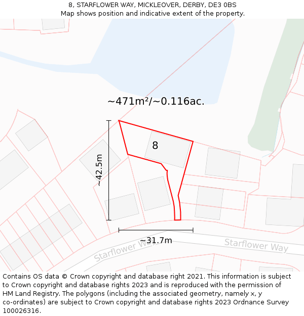 8, STARFLOWER WAY, MICKLEOVER, DERBY, DE3 0BS: Plot and title map