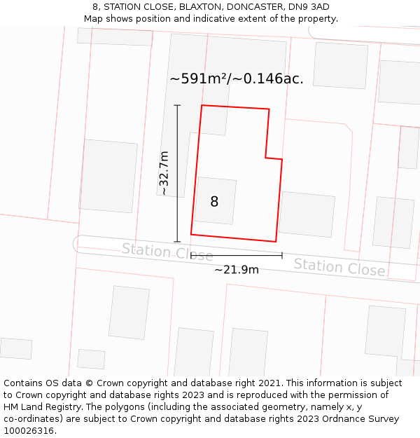 8, STATION CLOSE, BLAXTON, DONCASTER, DN9 3AD: Plot and title map