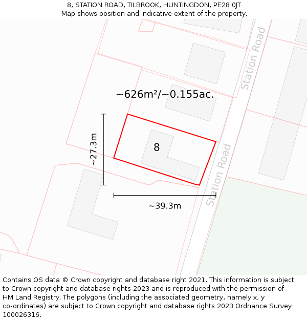 8, STATION ROAD, TILBROOK, HUNTINGDON, PE28 0JT: Plot and title map