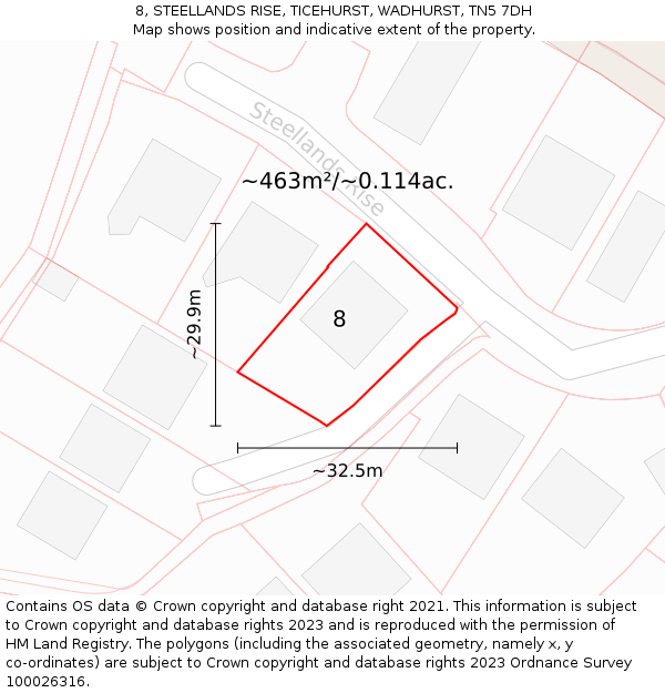 8, STEELLANDS RISE, TICEHURST, WADHURST, TN5 7DH: Plot and title map