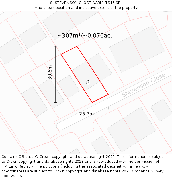 8, STEVENSON CLOSE, YARM, TS15 9RL: Plot and title map