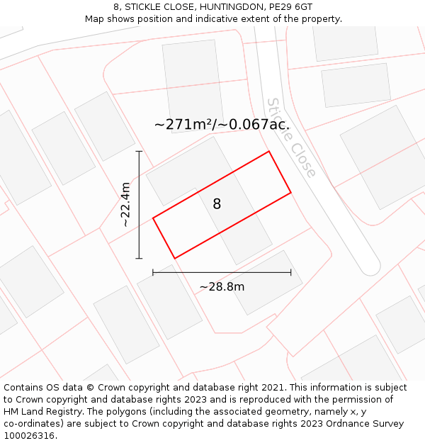 8, STICKLE CLOSE, HUNTINGDON, PE29 6GT: Plot and title map