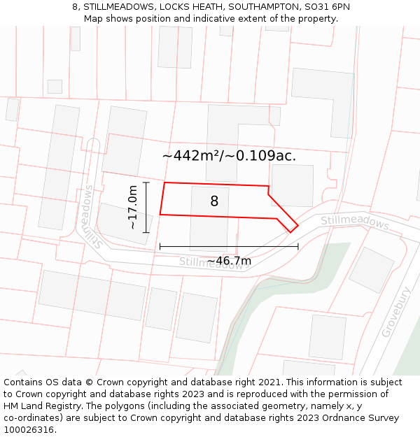 8, STILLMEADOWS, LOCKS HEATH, SOUTHAMPTON, SO31 6PN: Plot and title map