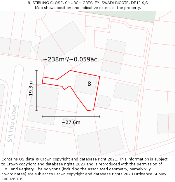 8, STIRLING CLOSE, CHURCH GRESLEY, SWADLINCOTE, DE11 9JS: Plot and title map