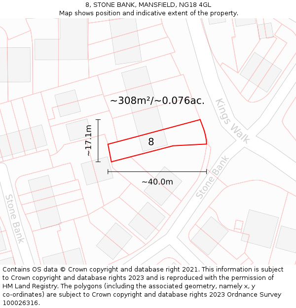 8, STONE BANK, MANSFIELD, NG18 4GL: Plot and title map