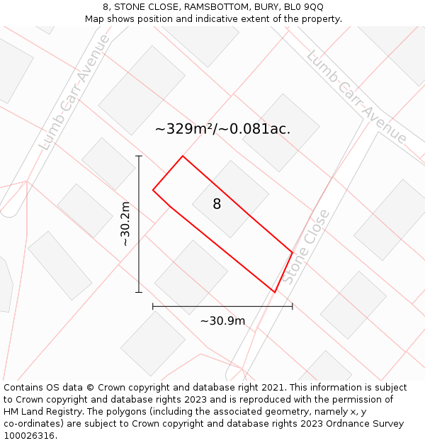 8, STONE CLOSE, RAMSBOTTOM, BURY, BL0 9QQ: Plot and title map