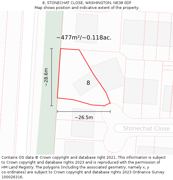8, STONECHAT CLOSE, WASHINGTON, NE38 0DF: Plot and title map