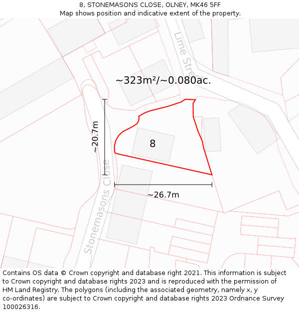 8, STONEMASONS CLOSE, OLNEY, MK46 5FF: Plot and title map