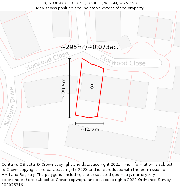 8, STORWOOD CLOSE, ORRELL, WIGAN, WN5 8SD: Plot and title map